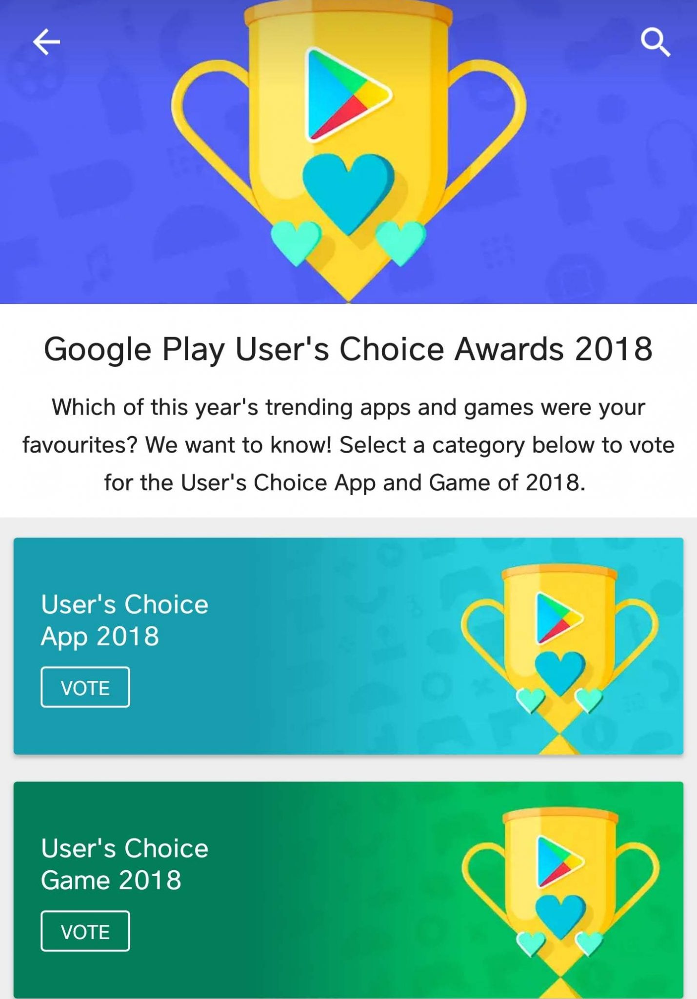 Google Play User's Choice Awards 2018